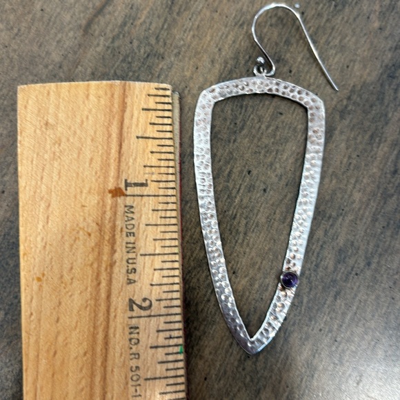 Sterling Hammered Amethyst Statement Drop Earrings. Arrow shape, lightweight - Picture 5 of 6